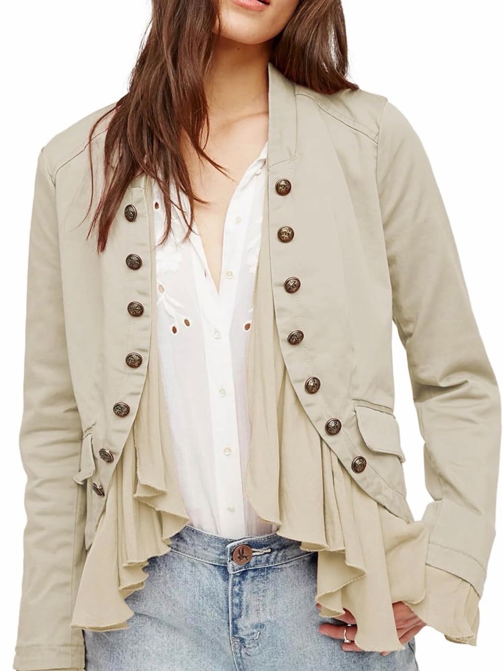 Womens Beige Ruffled Military-Style Blazer Jacket